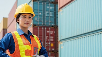 Confident female worker in hard hat at shipping container port. Professional Asian woman in safety vest working in logistics and supply chain industry