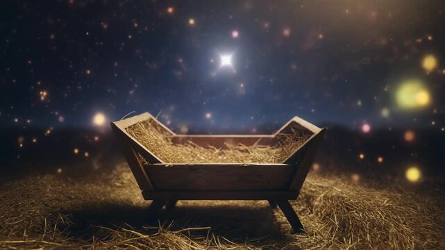 Nativity Scene with Empty Manger Illuminated by a Single Bright Star &mdash; Sacred Christmas Night 4K Loop Animation