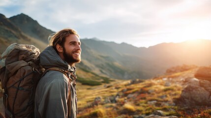Fototapeta premium Happy man hiker with beard and backpack enjoying mountain landscape at sunset. Adventure travel and exploration concept.