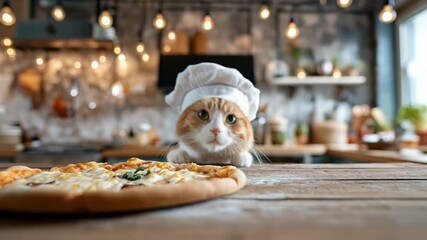 Cute cat in the kitchen with pizza in front of him	