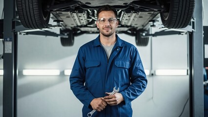 Professional car mechanic holding wrench in auto repair shop. Confident male technician in uniform standing under vehicle on lift. Automotive maintenance and service