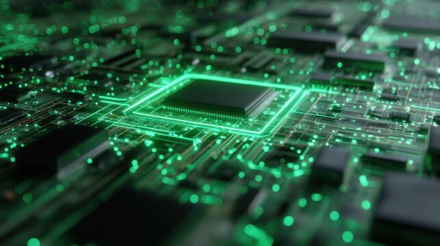 Glowing computer chip on circuit board. Digital processor with green light. AI, blockchain, and data concept for technology background. - Powered by Adobe
