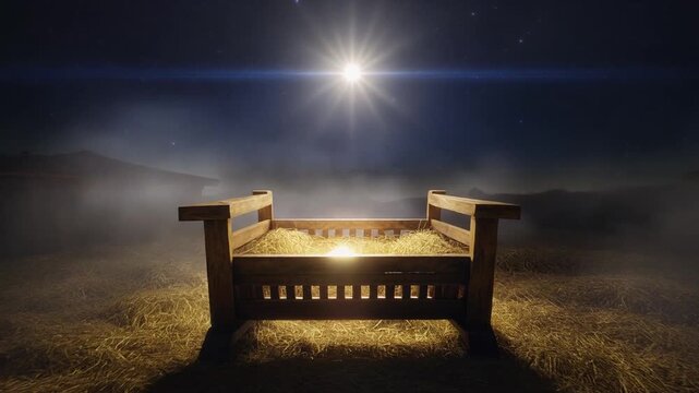 Nativity Scene with Empty Manger Illuminated by a Single Bright Star &mdash; Sacred Christmas Night 4K Loop Animation