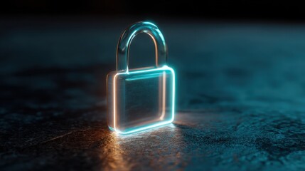 Glowing padlock symbol on dark background. Digital cybersecurity for data protection. Internet security and privacy concept with neon light effect.