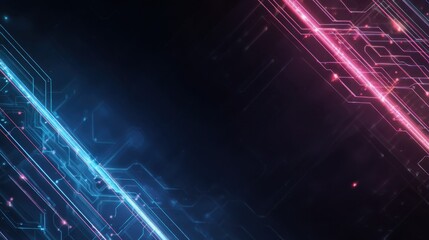 Neon circuit board design with glowing blue and pink lines. Digital background for technology advertisement and futuristic concept.