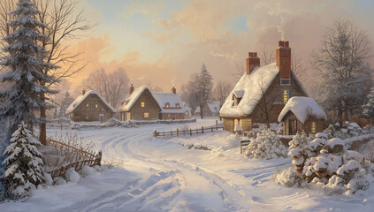 A serene winter landscape painting depicting a peaceful village scene. Snow-covered thatched-roof houses line a quiet path blanketed in fresh snow