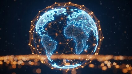 Global digital network connection with glowing earth sphere and data points, symbolizing worldwide communication and technology infrastructure concept.