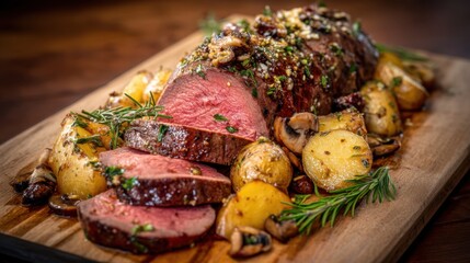 Sliced beef tenderloin roast served with roasted potatoes, mushrooms, and rosemary on a wooden board. Delicious classic main dish meal.
