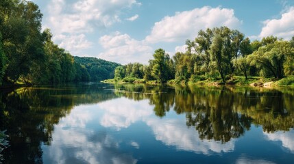 Calm river with lush green trees reflecting on water surface under a blue sky with white clouds. Serene natural landscape for relaxation.