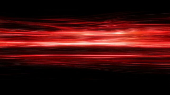 Red light trails on black background. Abstract data stream and telecommunication concept. Digital technology, speed, and energy flow.