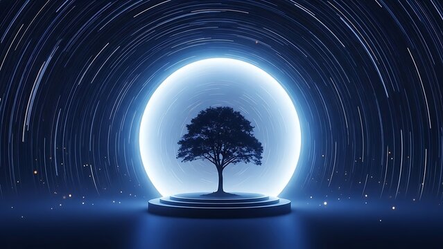 Mystical tree silhouette on podium with glowing energy portal and star trails, representing growth, spirituality, and cosmic connection. - Powered by Adobe