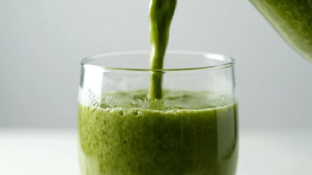 Refreshing vibrant green smoothie gracefully poured into a clear glass, highlighting a healthy, nutrient-rich beverage perfect for a revitalizing morning or a wholesome snack