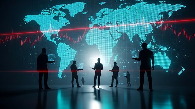 Global business professionals analyze worldwide financial data on a digital map with market downturn indicators and technology. - Powered by Adobe