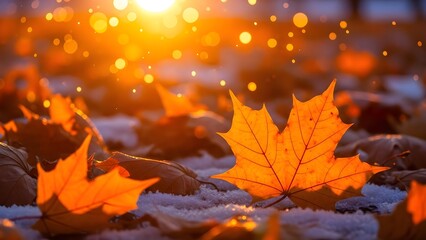 Close-up of vibrant orange maple leaves on a snowy ground with a warm sunset glow and bokeh effect in the background.