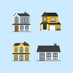 Collection of four distinct flat design residential house icons featuring varied architectural styles and color palettes against a light blue background for real estate concepts