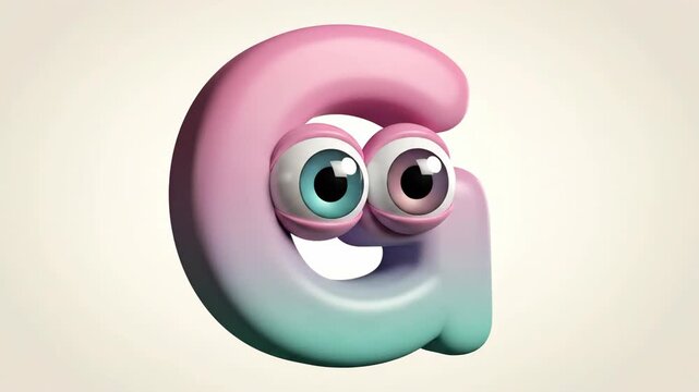 A vibrant 3D animated cartoon letter J with big googly eyes and eyebrows, rendered in a playful purple and orange gradient against a soft blue background.