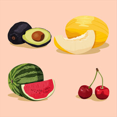 Assortment of fresh summer fruits including avocado watermelon melon and cherries on pink background