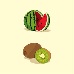 Fresh watermelon and kiwi fruit illustrations displayed against a soft cream background for healthy eating concepts