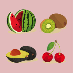 Four vibrant fruit illustrations including watermelon kiwi avocado and cherries on a soft background