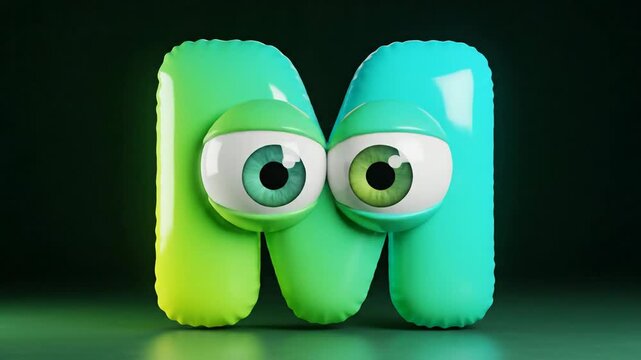 A playful 3D rendered letter M with two large googly eyes, in vibrant green and teal colors against a dark background.