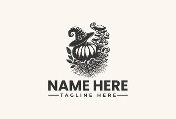 Black and white vector illustration of a whimsical witch hat on a cauldron with swirling smoke and foliage, set against a clean white background for a logo or branding template.