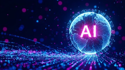 Glowing neon AI logo on a futuristic blue and pink globe with digital network connections against a dark background with scattered dots.