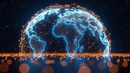 Global digital network connection concept. earth globe with glowing blue continents, interconnected by an intricate data grid and bright particles.