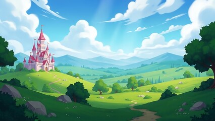 Enchanted fairytale castle sits majestically on a lush green hill under a radiant blue sky with fluffy clouds and sun rays, cartoon landscape