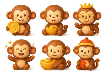 Fototapeta premium Cute monkey wealth icons for prosperity and luck in design projects