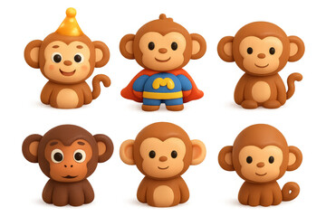Fototapeta premium Cute cartoon monkey icons collection for kids' party and fun projects