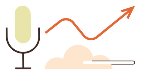 Microphone with cloud, upward arrow, and smooth curve indicating audio growth and trends. Ideal for media, podcasting, technology, cloud concepts, analytics innovation networking. Simple flat