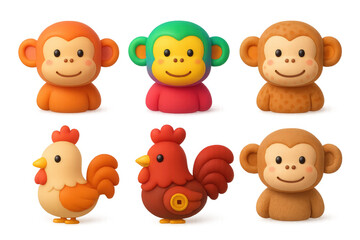 Obraz premium Cute cartoon monkey and chicken icons for design and decoration
