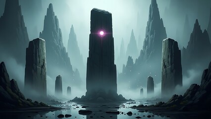 Ancient alien monolith with a vibrant glowing energy orb standing tall in a mysterious, misty landscape, surrounded by jagged peaks and reflective water