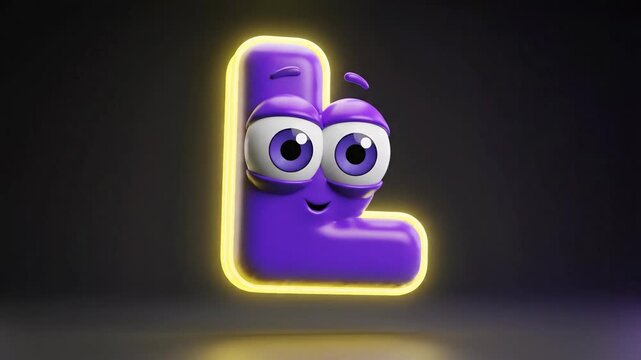 A purple 3D cartoon letter L with googly eyes and a neon yellow outline, smiling in a dark studio setting.