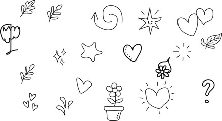 Collection of hand drawn doodle icons including hearts leaves stars and flowers	
