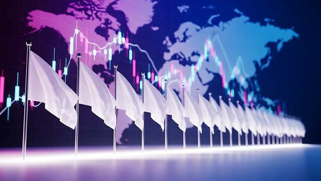 White flags on a financial world map background showing global economic trends, market analysis, and international business data visualization. - Powered by Adobe