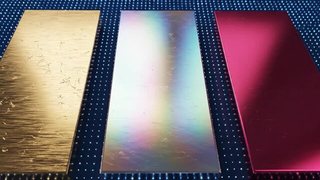 Metallic rectangles in gold silver and red against a textured backdrop