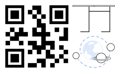 Communication, technology, coding, planetary science, digital education, modern design. QR code, table outline planetary orbits with Earth and Saturn. Communication and technology concepts visually © robu_s