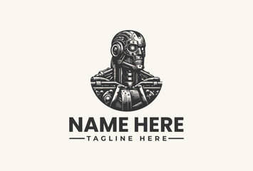 A black and white illustration of a robotic head with a futuristic design, set against a plain background with a logo template and placeholder text.