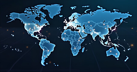 Fototapeta premium Global business network map with numerous glowing nodes of varying sizes .