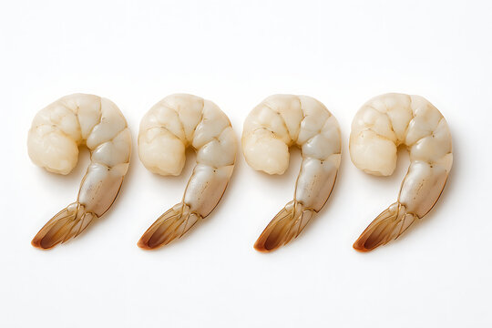 Raw Chubby shrimp cleaned and deveined, arranged in a neat line on white background.