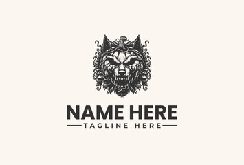 Black and white illustration of a lion's head logo with ornate design elements and a placeholder text on a beige background.
