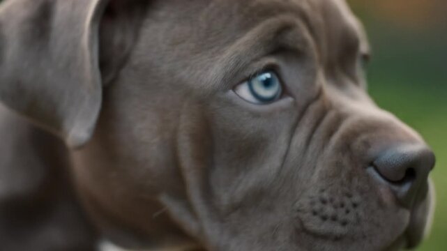 Close-up profile of a Cane Corso puppy with striking blue eyes, showcasing its gentle and attentive gaze in a natural outdoor setting