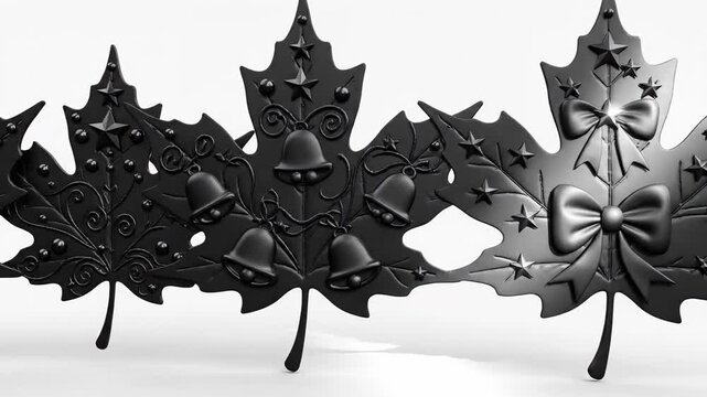 Decorative metallic maple leaves with ornaments on white background