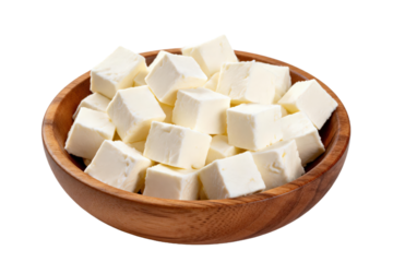 Cubes of fresh white cheese placed in a wooden bowl