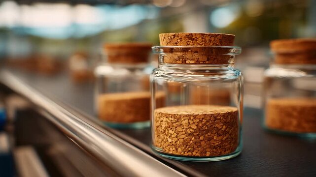 168Close-up view of empty glass jars gliding on an automated production line, soft reflections highlighting smooth glass textures and cork details