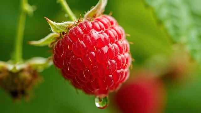 Close-up of a juicy red raspberry with a water droplet, showcasing freshness and natural beauty