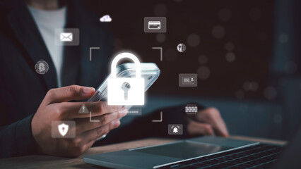 Digital security concept with smartphone and lock icon. Data protection, password encryption, privacy control, and mobile cyber safety in the modern tech world.