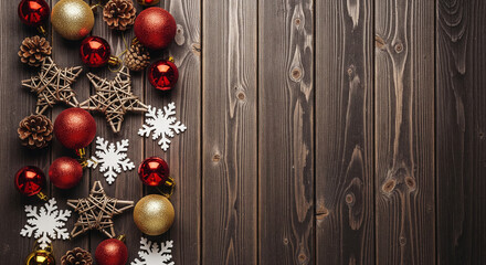 Christmas decorations arranged on a dark wooden background. On the left side, there are clusters of red and gold Christmas baubles, pinecones, and evergreen branches. On the right side.