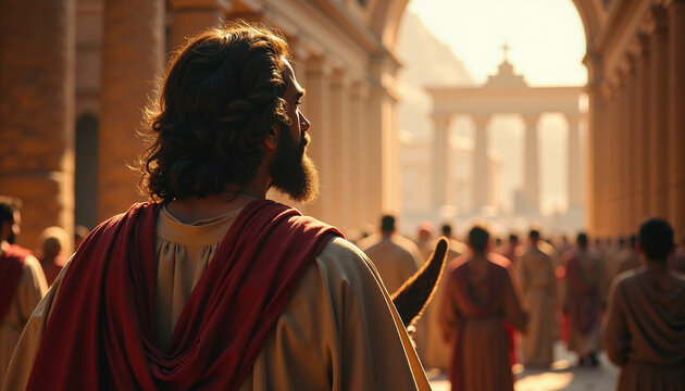 Bearded man in red toga views crowded street, ancient Roman architecture shaping profound biblical scene. People in period clothing gather in sunlit marketplace, depicting captivating biblical story.